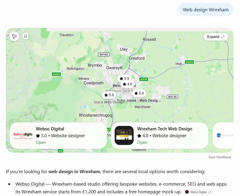 ChatGPT answering the question Web design Wrexham. Webso Digital is the first business named, rated 5.0, described as a Wrexham studio whose service starts from 1,200 pounds and includes a free homepage mock-up.
