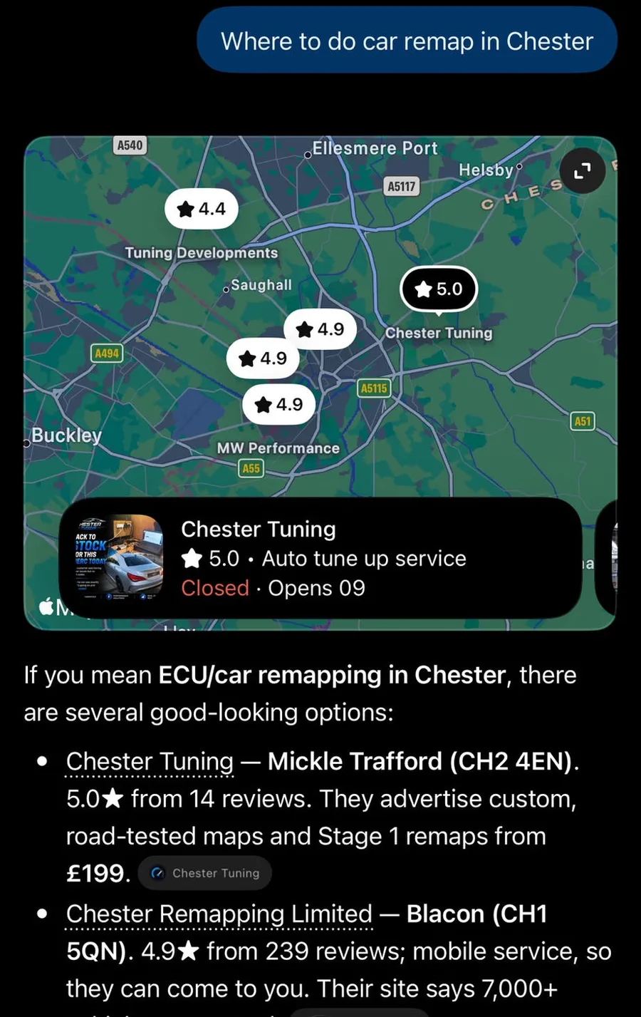 ChatGPT answering 'Where to do car remap in Chester' with a map and Chester Tuning listed first, 5.0 from 14 reviews, Stage 1 remaps from £199
